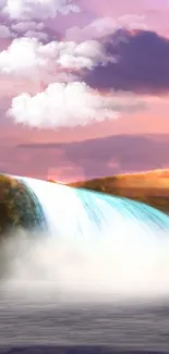 Waterfall in front of pink sunset sky with clouds.