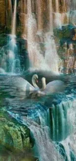 Serene swans glide beneath cascading waterfalls in nature setting.