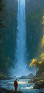 Majestic waterfall with vibrant green forest in mobile wallpaper.