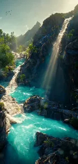 Serene waterfall over turquoise waters, lush greenery surrounding.