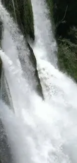 Serene waterfall with lush greenery background.