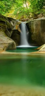 Mobile wallpaper of a peaceful waterfall surrounded by lush greenery.