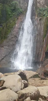 Peaceful waterfall surrounded by greenery.