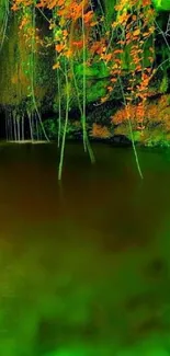 Serene waterfall surrounded by lush green foliage with vibrant colors.