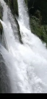 Serene waterfall with white water and lush greenery.