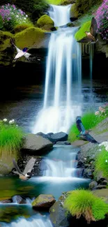 A serene waterfall and birds over lush greenery.