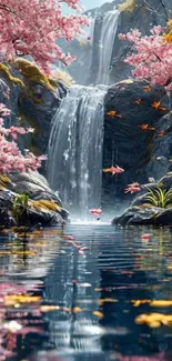Waterfall with pink blossoms and serene scene