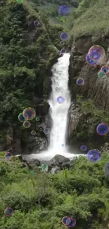 Serene waterfall amidst lush greenery with vibrant bubbles floating around.