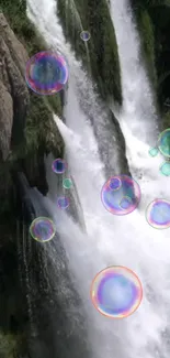 Waterfall with floating bubbles in a serene nature setting.