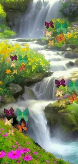 Beautiful waterfall wallpaper with butterflies and flowers.