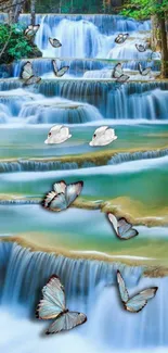 Tranquil waterfall with butterflies and serene blue tones.