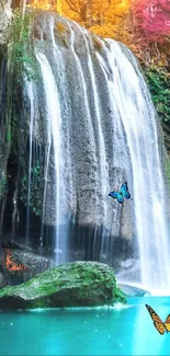 Beautiful turquoise waterfall with butterflies in serene nature.