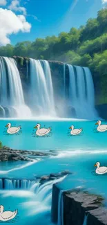 A serene waterfall with ducks swimming in clear blue waters.