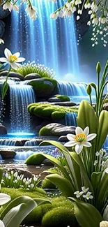 Serene waterfall with lilies and lush greenery.