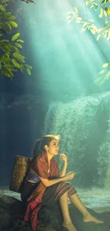 Woman in traditional attire by a waterfall in a serene forest scene.