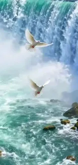 Cascading waterfall with doves in flight.