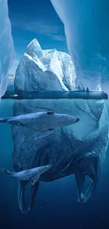 Whale swimming under a towering iceberg in deep blue waters.