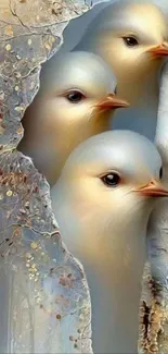Three white birds nestled in a tree textured setting.