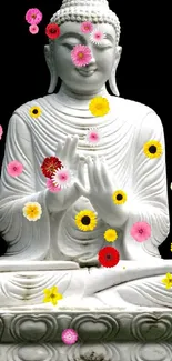 Serene white Buddha sculpture on a black background.