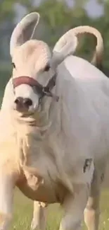 Serene white bull in a green field, captured in natural daylight.