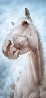 Majestic white horse with a blue sky backdrop.