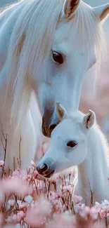 White horses in a pink meadow creating a serene scene.