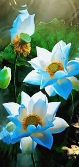 Blooming white lotus with green leaves in serene nature wallpaper.