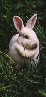 White rabbit in lush green grass wallpaper.