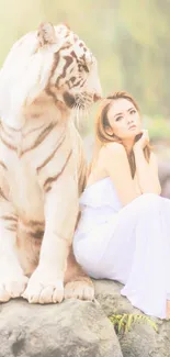 White tiger sitting beside woman on rocks in a serene natural setting.