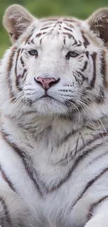 Majestic white tiger resting in lush green grass.