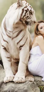 White tiger and woman in nature setting mobile wallpaper.