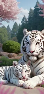 Serene view of white tigers with pink blossoms in tranquil garden.