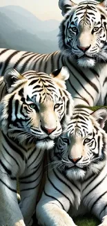 White tigers resting in a lush, serene landscape, perfect for mobile wallpaper.