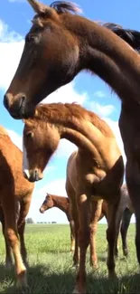 A group of wild horses standing in a lush green field under a bright blue sky.