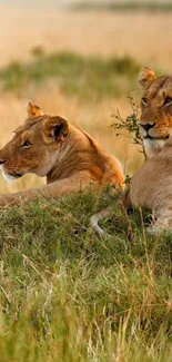 Two lions resting in a golden savannah scene.