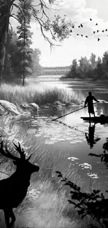 Grayscale forest lake scene with a fisherman and deer under the trees.