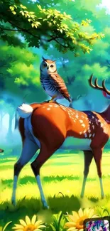 Deer and owl in a bright forest setting with lush greenery.