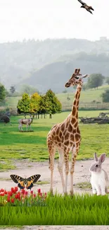 A giraffe and bunny in peaceful, verdant landscape.