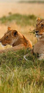 Two lions resting in a savannah landscape.