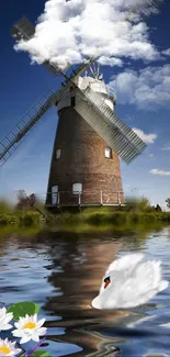 Serene windmill and swan reflecting on a tranquil lake with a clear blue sky.