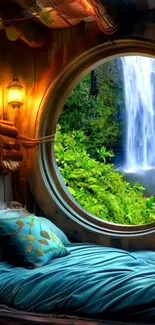 Cozy bedroom with a circular window view of a scenic waterfall and lush greenery.