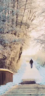 A serene winter scene with a bridge and frosty trees.