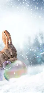 A winter scene with a bunny among snowflakes in a snowy landscape.