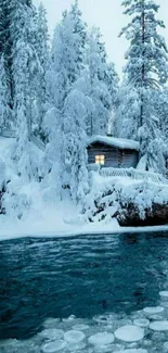 Winter cabin with frosted trees by an icy river under a serene sky.