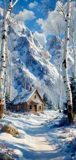 Snowy cabin in serene mountainous setting.