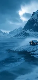 A serene winter landscape with a cozy cabin and snowy mountains.