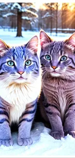 Two fluffy cats in a snowy winter scene with golden sunlight.