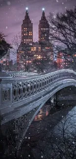 Serene winter cityscape with bridge and softly falling snow.