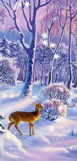 Winter landscape with a deer in a snowy forest at sunrise, in pastel colors.