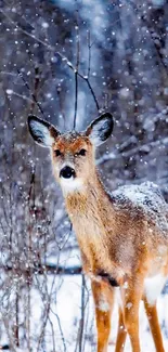 Deer standing in a snowy winter forest, captured beautifully in this mobile wallpaper.